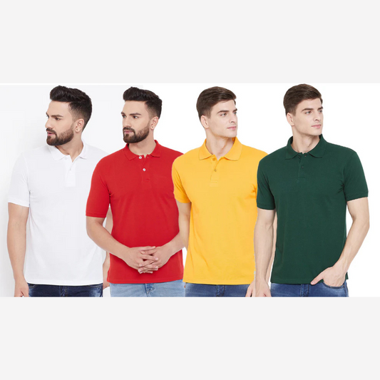 Cotton Blend Solid Half Sleeves Mens Polo Neck T-Shirt (Pack of 4)