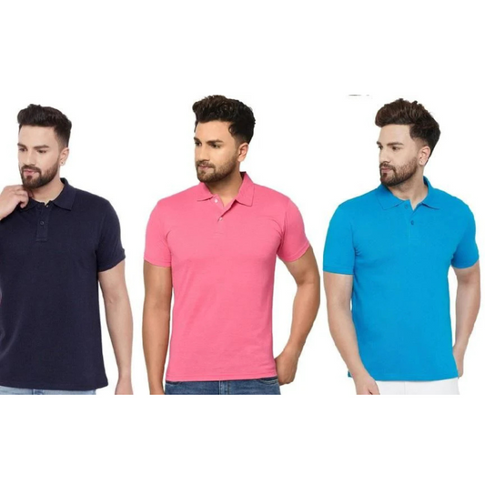 Cotton Matty Solid Half Sleeves Men's Polo Neck T-Shirt Pack Of 3